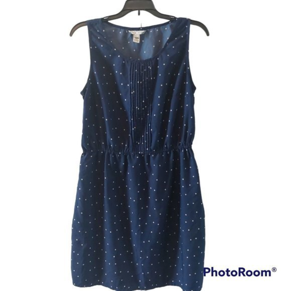 MNG by Mango Size 6 Silky Navy Tan Polka Dot Pullover‎ Blouson Mini Tank DRESS